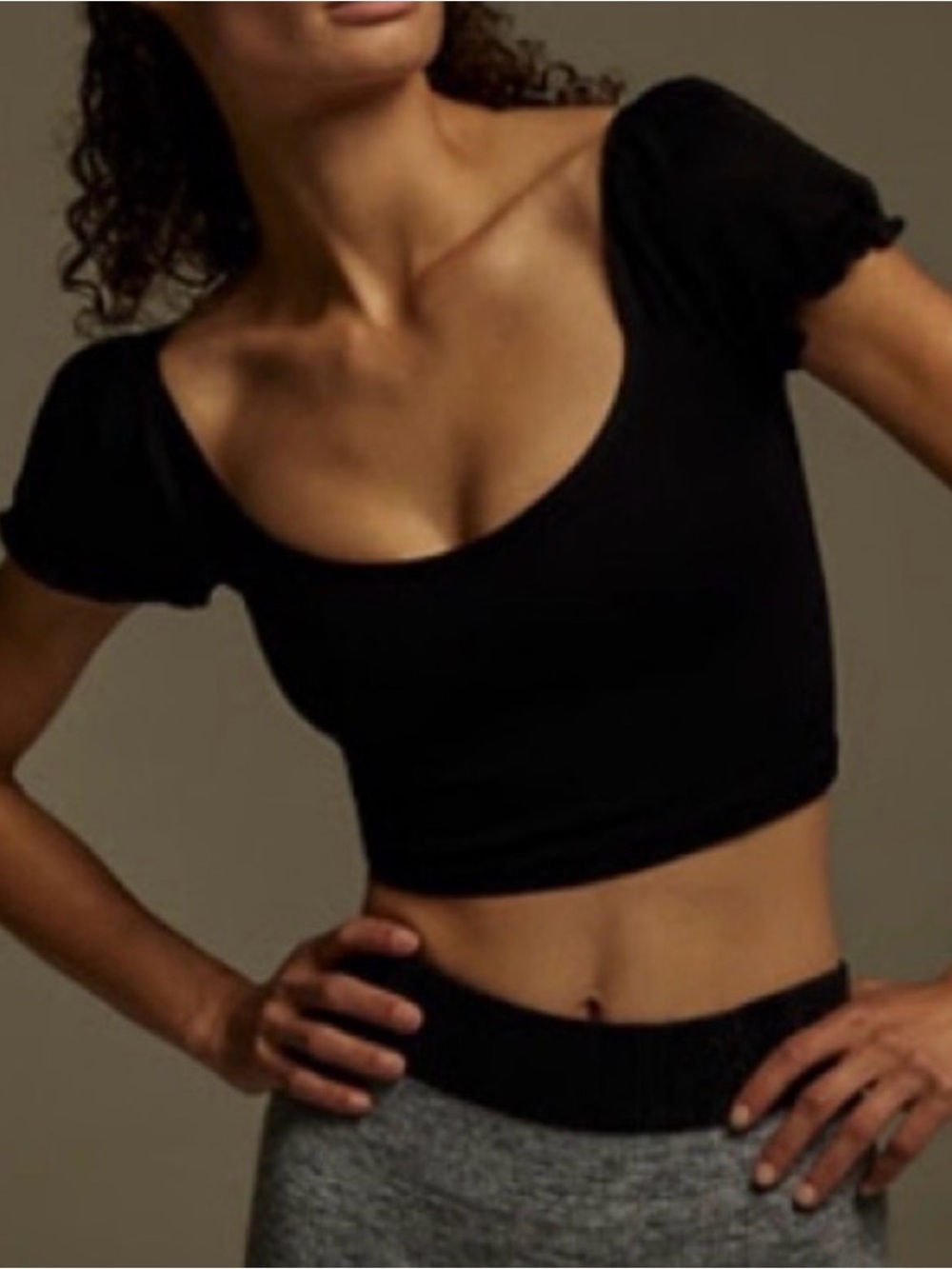 Free People Movement Black Scoop Neck Cropped Top w Puff Sleeve - Women